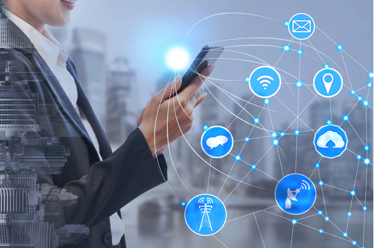 Person holding a mobile phone surrounded by icons