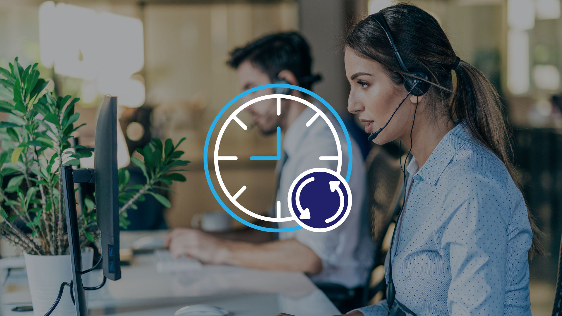 customer support photo with women in a headset and clock icon