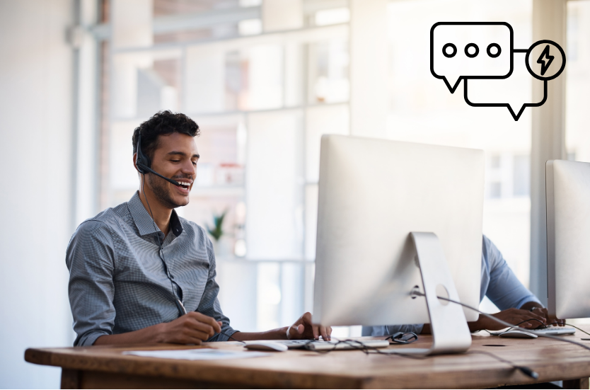 A man at a laptop on instant business chat support