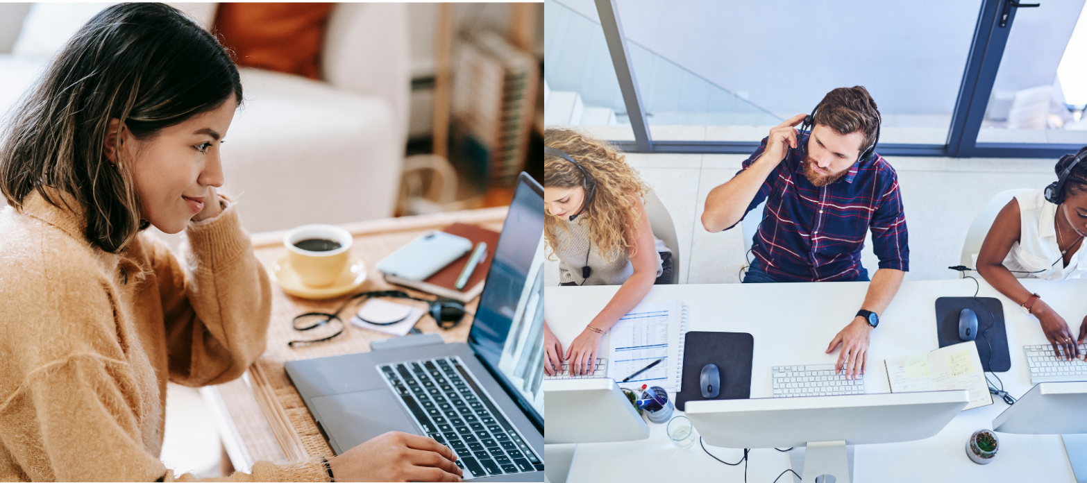 UCaaS vs CCaaS contact centre and remote worker photos side by side