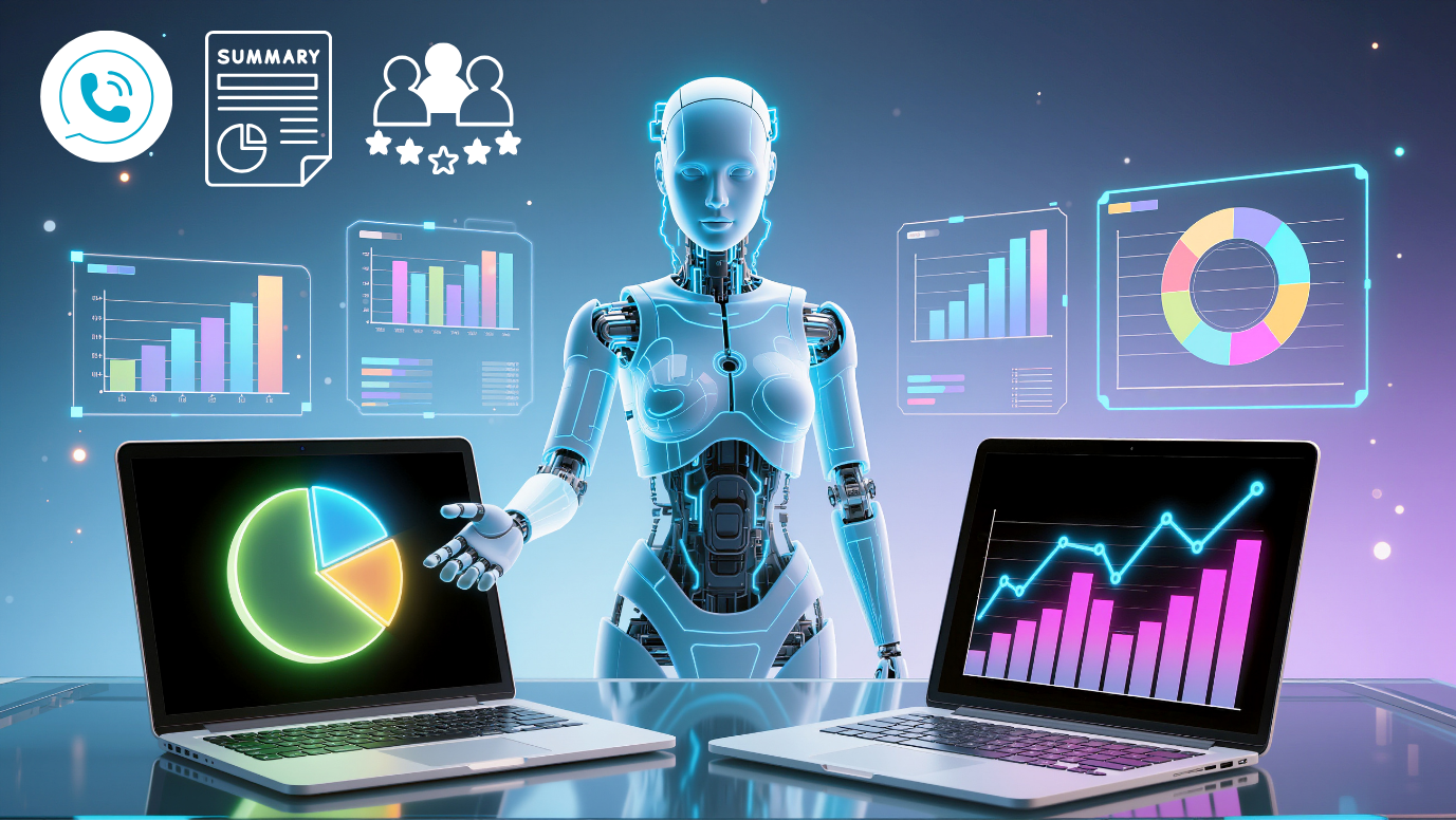 Ai robot behind two laptops showing analytics