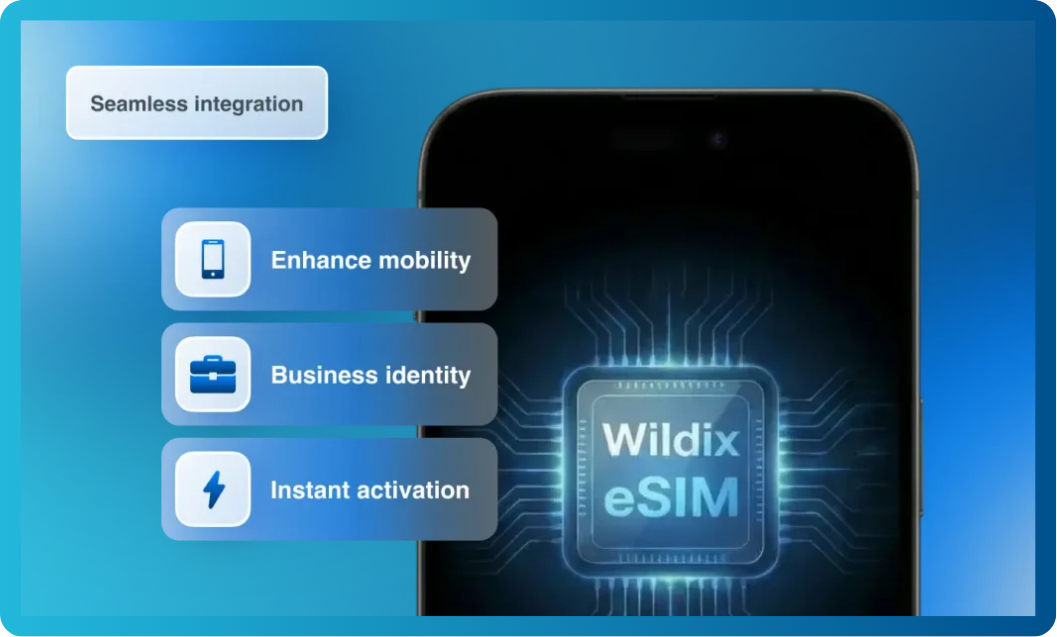 Wildix eSIM Mobile Seamless Integration Screen Example on a blue background