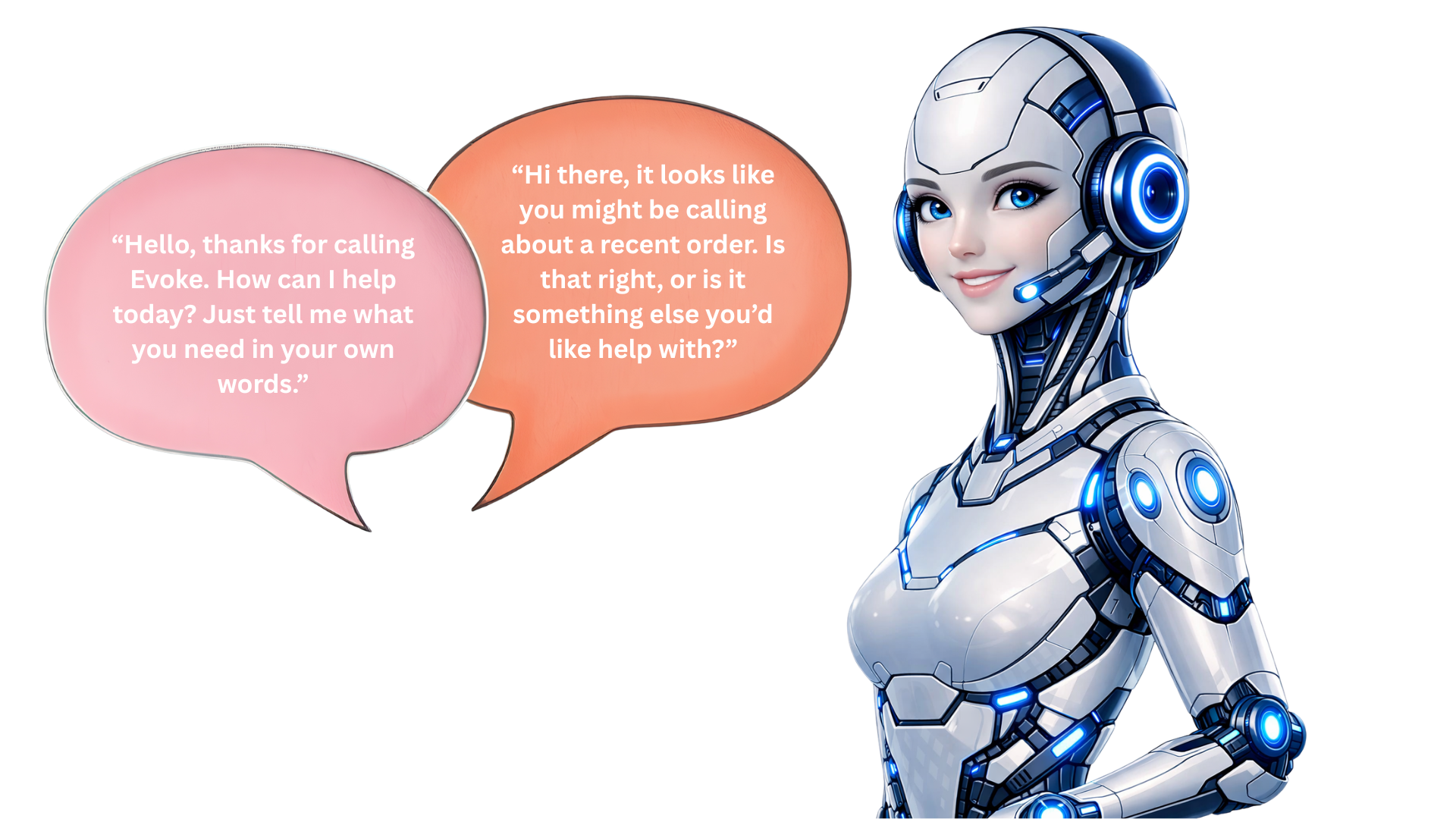 A white and black robot with a pink and coral speech bubble to show AI Voice Agent