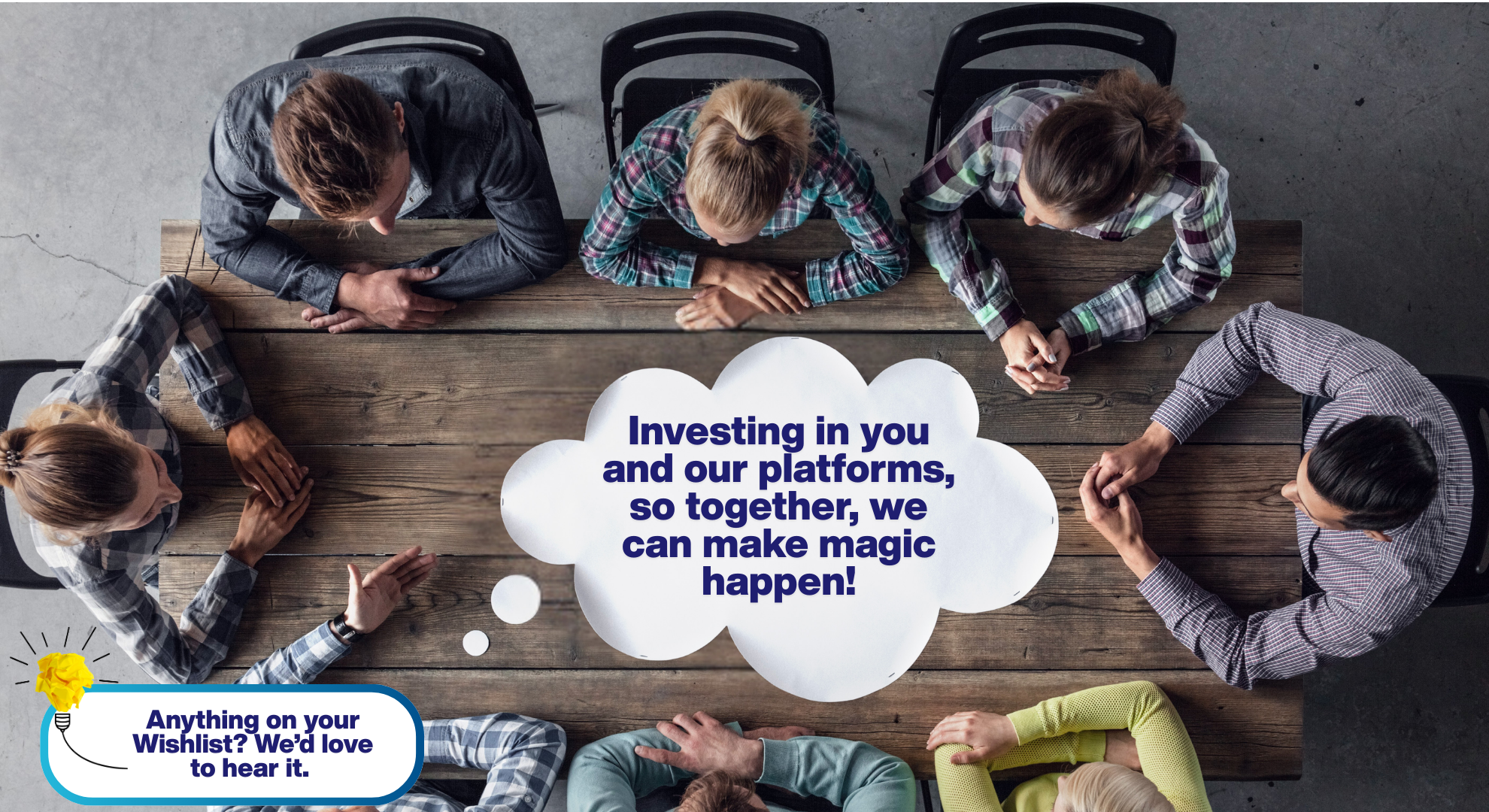 A top-down view of a collaborative team meeting around a wooden table, featuring a central thought bubble with the text: 'Investing in you and our platforms, so together, we can make magic happen!' A lightbulb icon in the corner asks: 'Anything on your Wishlist? We'd love to hear it.'