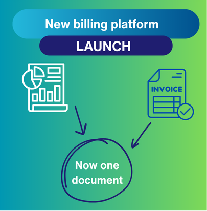Blue report card icon and white invoice icon above a circle that says now one document