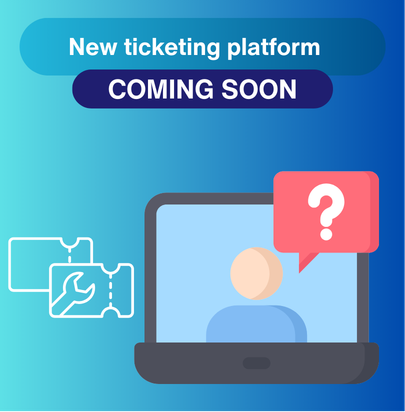 Computer icon with a person and question mark, white ticket icon with a spanner on a blue background