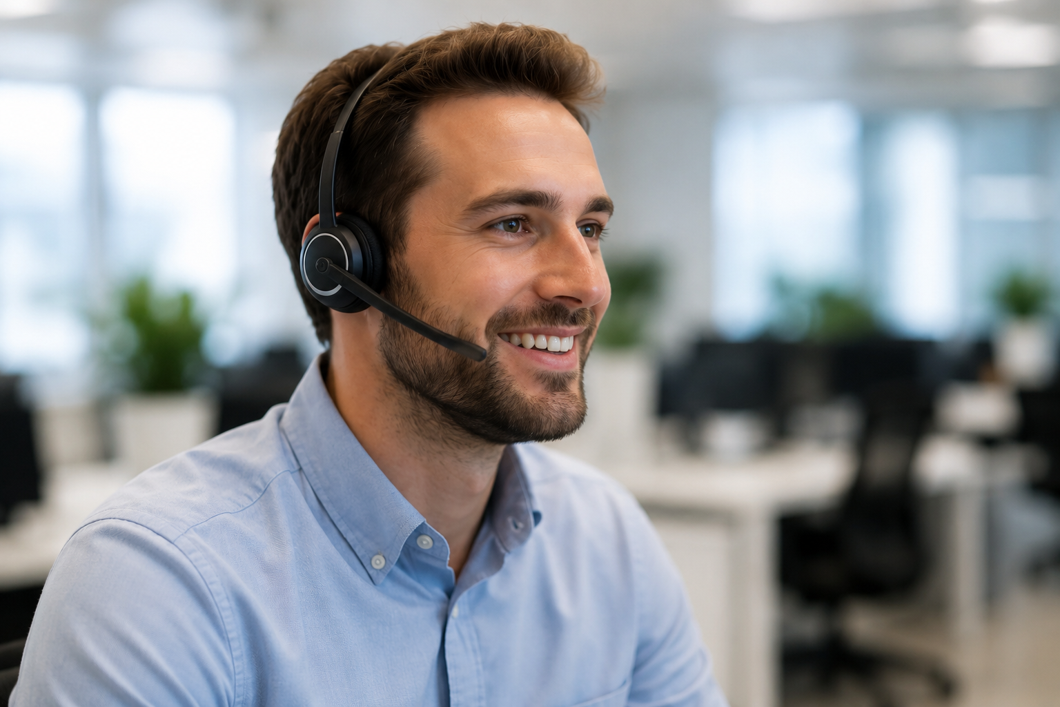 A smiling man with a short beard and brown hair sits in a bright, modern office setting wearing a light blue button-down shirt. He is wearing a black binaural headset with a boom microphone close to his mouth, looking slightly to the right of the frame. The background shows a blurred call center or office environment with white desks and green plants.