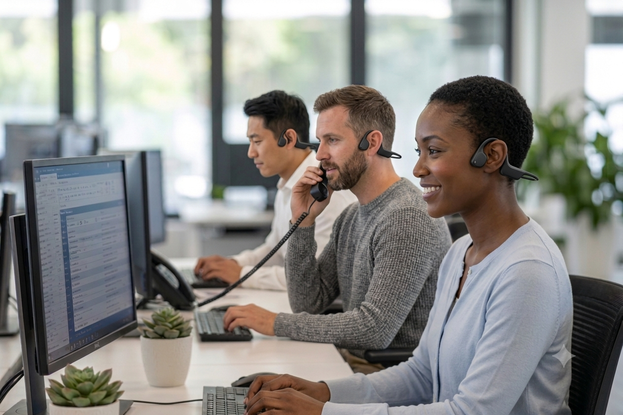 A side-profile view of three office workers sitting in a row at their desks in a modern, brightly lit workplace. In the foreground, a smiling woman with short hair looks at her computer screen while wearing a sleek black bone conduction headset that wraps behind her head and sits just in front of her ear. Behind her, a bearded man in a grey sweater holds a telephone receiver to his ear, and further in the background, another man works at his computer. All three are wearing identical black bone conduction headsets, creating a shallow depth of field that keeps the focus on the foreground.