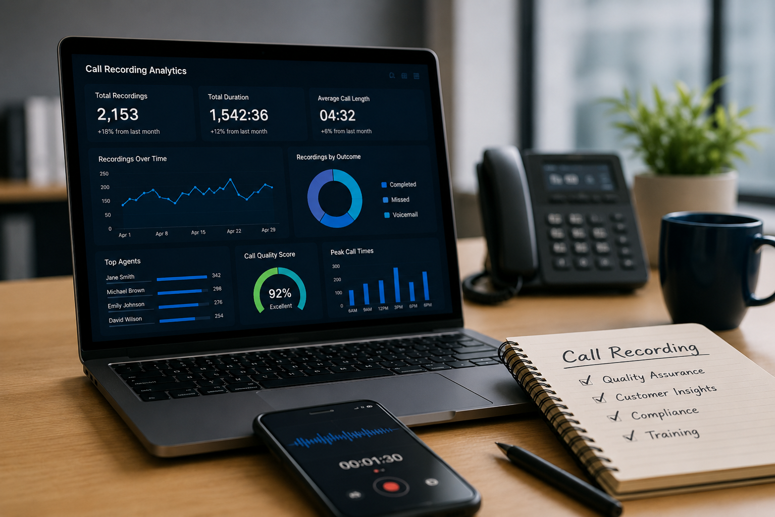 Laptop displaying call recording analytics dashboard on a modern office desk, alongside a smartphone showing an active recording waveform, a notebook listing call recording benefits, an office phone, coffee mug, and potted plant in a professional workspace.