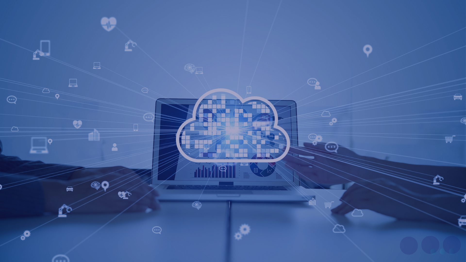 Evonex hosted cloud telephony header image showing a laptop displaying data analytics under a digital cloud network connectivity graphic to represent unified business communications.