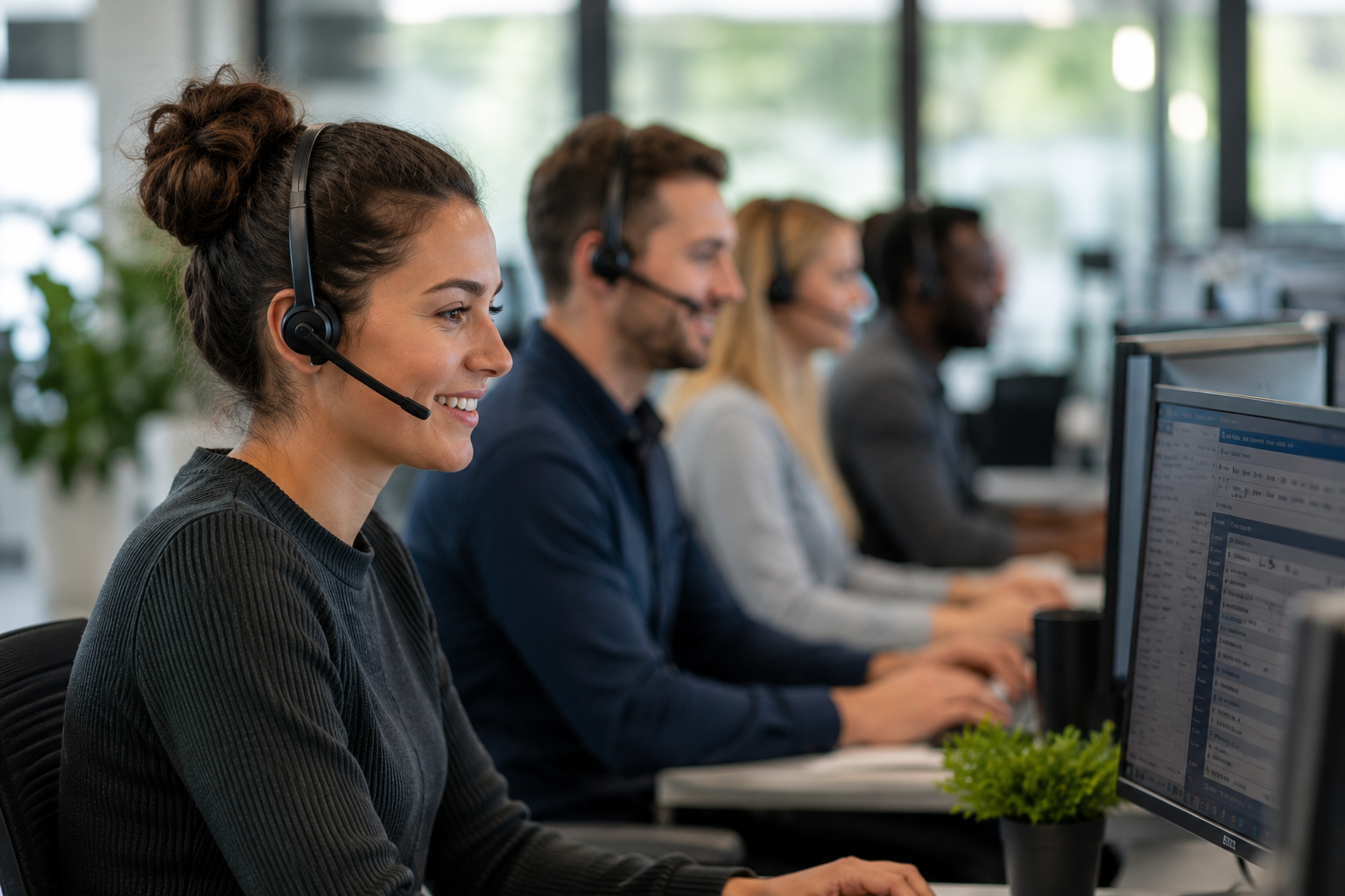 A side-profile view of a row of customer service representatives sitting at their computers in a bright, modern office or call center. In the foreground, a smiling woman with her hair in a bun wears a black headset with a boom microphone while looking at her computer screen. Behind her, a man and another woman are also seated at their desks wearing headsets, creating a shallow depth of field that blurs the background.