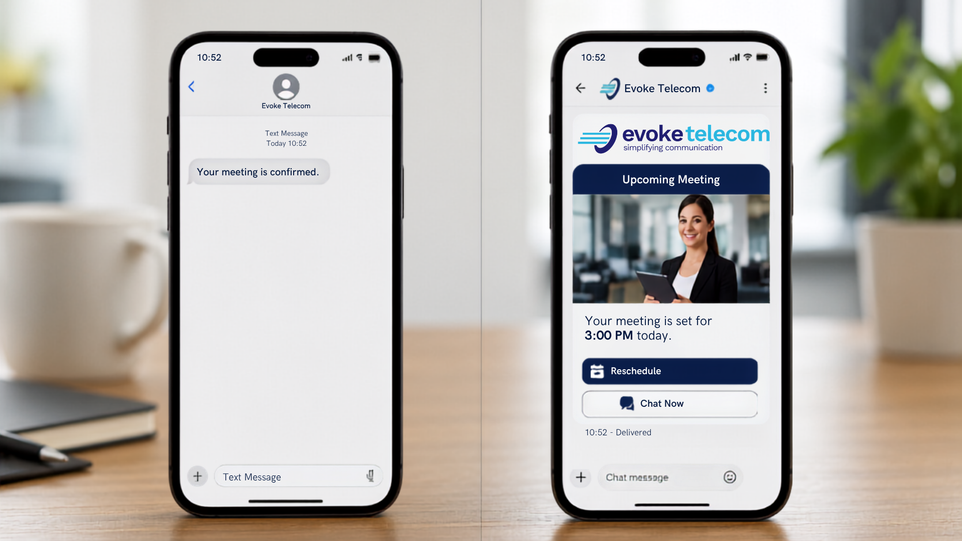 Comparison of SMS and RCS messaging on two smartphones side by side: the SMS screen shows a plain text message reading 'Your meeting is confirmed', while the RCS screen shows a branded Evoke Telecom message with a logo, photo, meeting time, and 'Reschedule' and 'Chat Now' buttons.