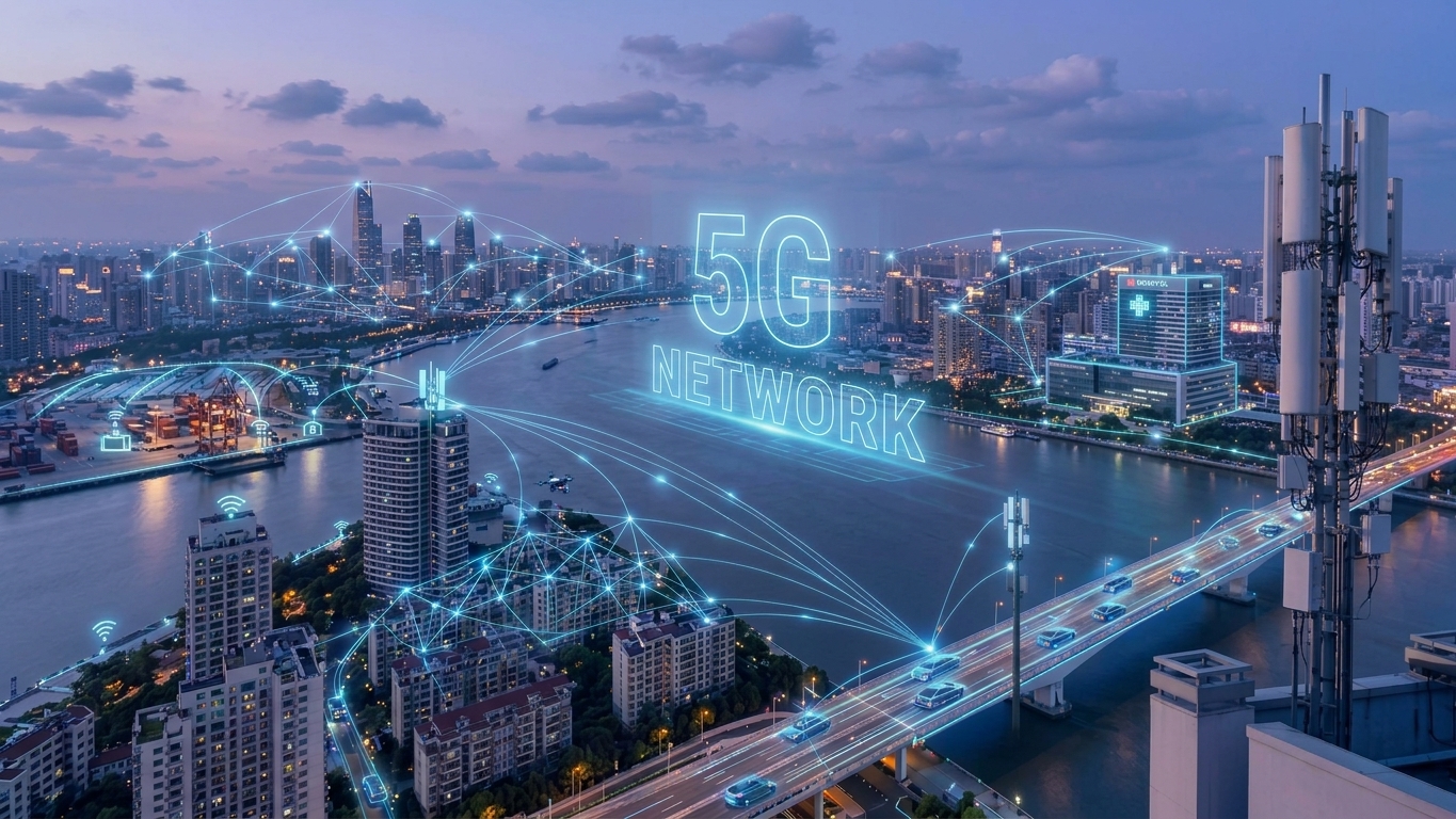 Aerial view of a city skyline at dusk with a telecommunications tower and digital connectivity graphics displaying the text 5G NETWORK