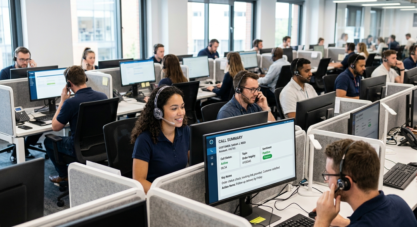 Busy modern contact centre agents wearing headsets, with a close-up monitor showing real-time AI call transcriptions, customer sentiment, and action items.