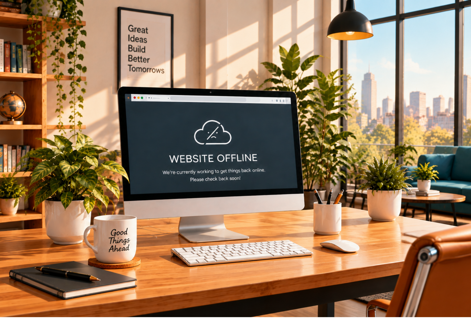 Desktop computer on a wooden office desk displaying a 