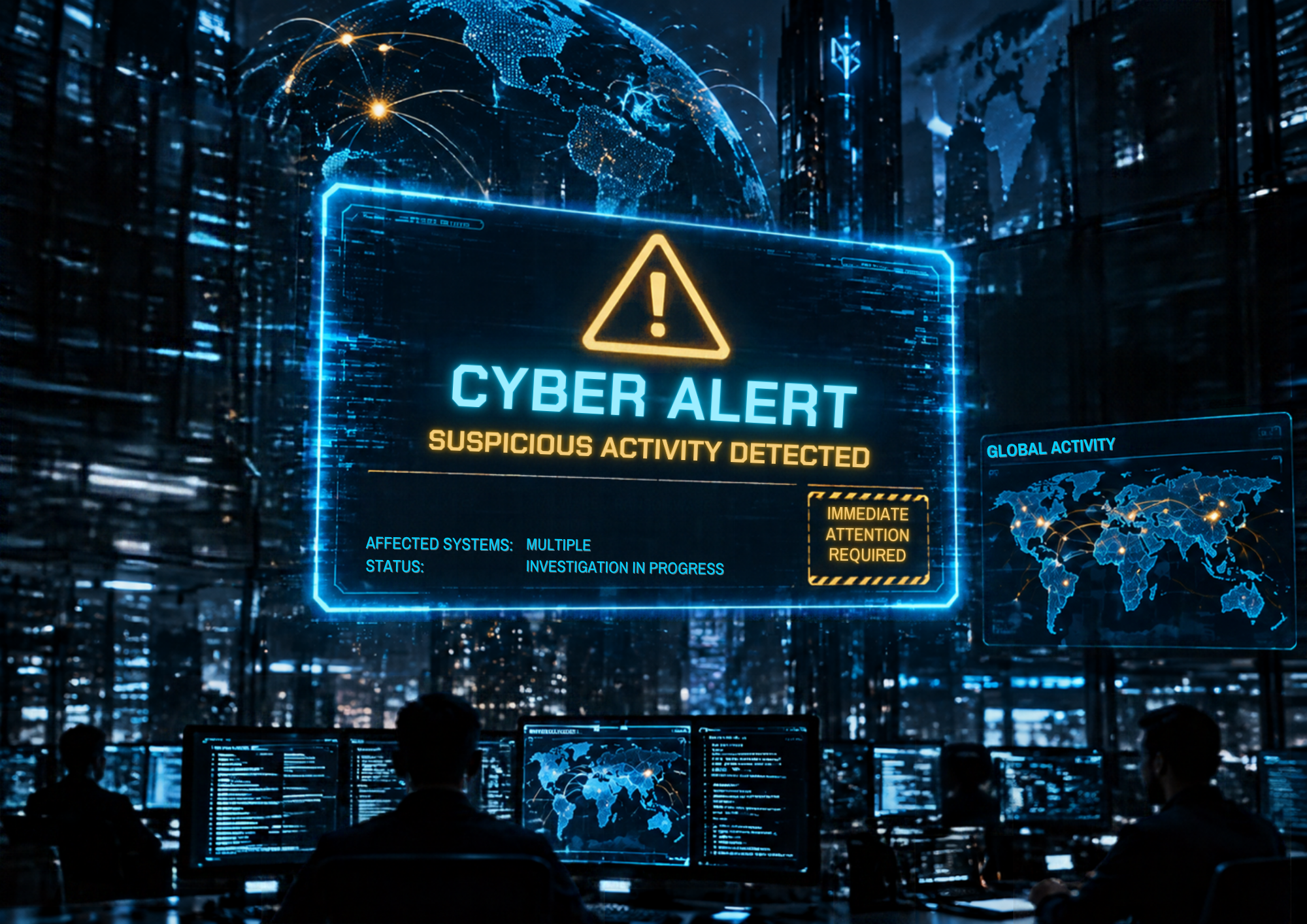 Conceptual digital illustration of a dark cybersecurity operations centre with IT analysts working at monitors, dominated by a glowing blue holographic display reading 